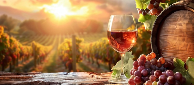 Una copa de vino con uvas y un barril en un fondo soleado I