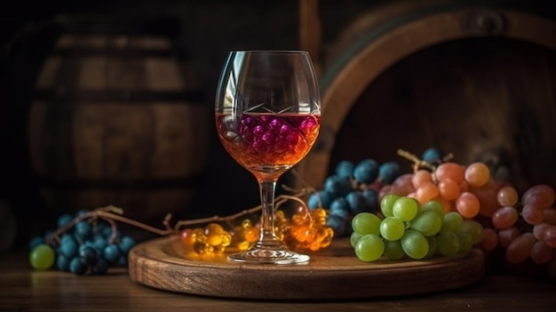 Una copa de vino con uvas en una mesa de madera