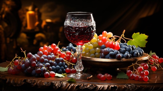 Copa de vino con uvas en la oscuridad.