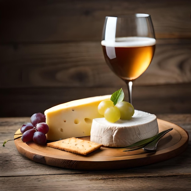 Una copa de vino con uvas y queso