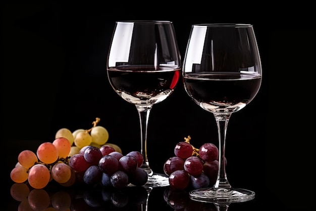 Foto una copa de vino y uvas sobre un fondo negro