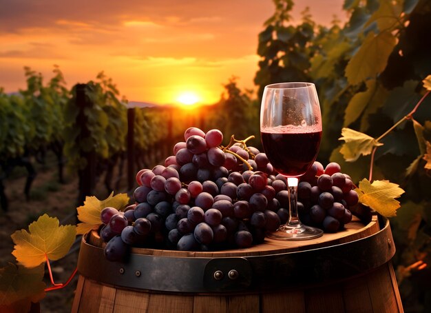 una copa de vino en un viñedo lleno de uvas rojas al atardecer al estilo de 32k uhd