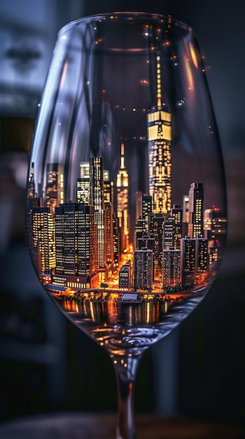 Una copa de vino con vista a la ciudad de Dubai, Emiratos Árabes Unidos