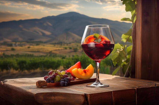 Una copa de vino con vistas a las montañas de fondo.