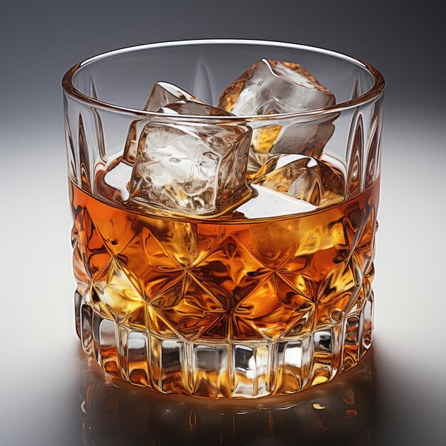 Una copa de whisky con cubos de hielo sobre un fondo oscuro