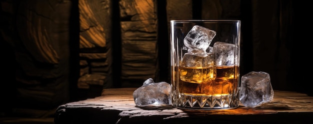 Una copa de whisky escocés en un vaso y hielo en la mesa de madera en el bar.