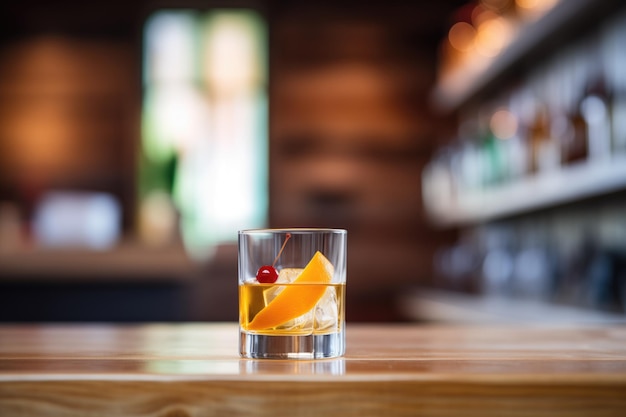 Una copa de whisky con naranja helada y cereza en una barra de madera.