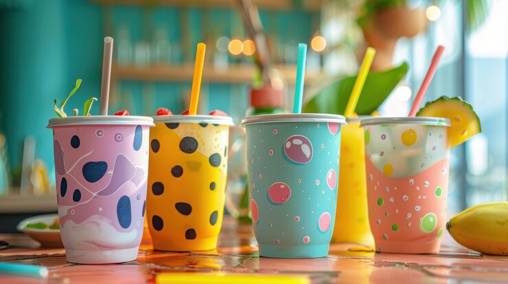 Copas de bebidas decorativas con tapas y pajitas con patrones coloridos dispuestas en un mostrador en un entorno de cocina animado