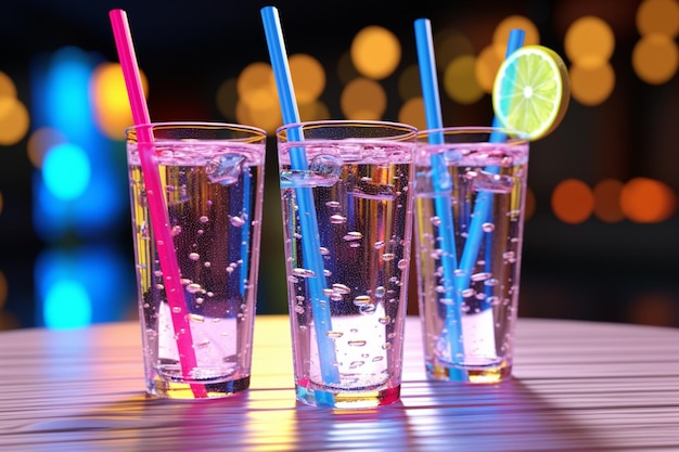 Copas de bebidas refrescantes con pajitas de colores