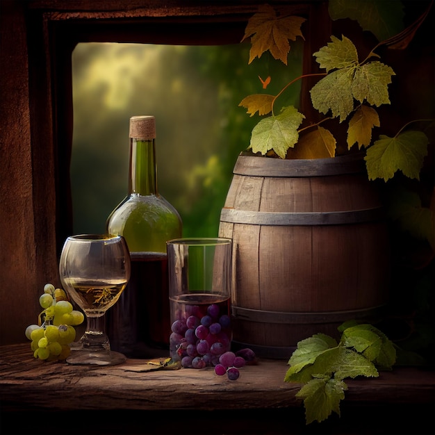 Foto copas y una botella de vino tinto en una imagen generada por ia en un viñedo