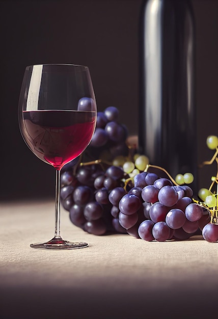 Copas y botellas con vino en la mesa Concepto de consumo de vino Enfoque selectivo Ilustración 3D