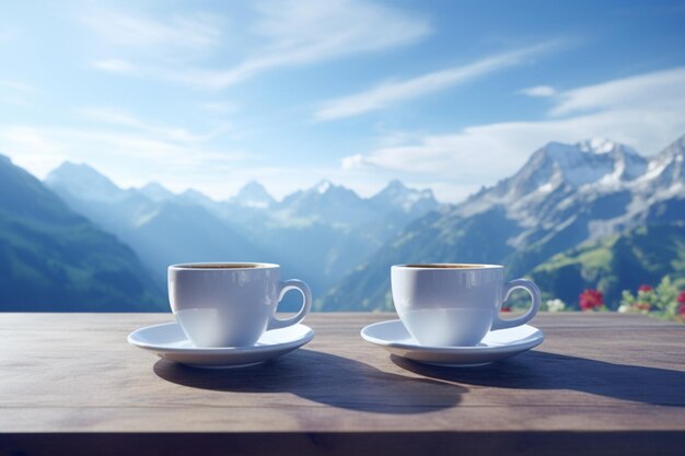 Copas de café colocadas en una mesa con una pintoresca vista de la montaña