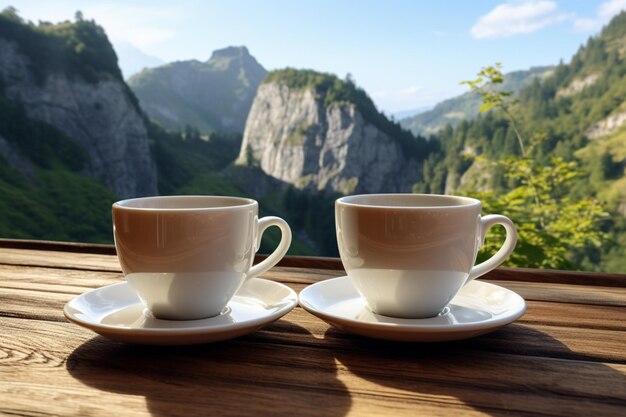 Copas de café colocadas en una mesa con una pintoresca vista de la montaña