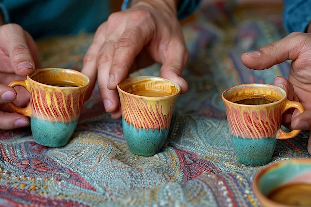 Copas con un café en las manos de hombres y mujeres