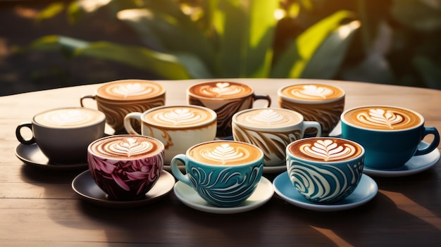 Copas de café en una mesa de madera