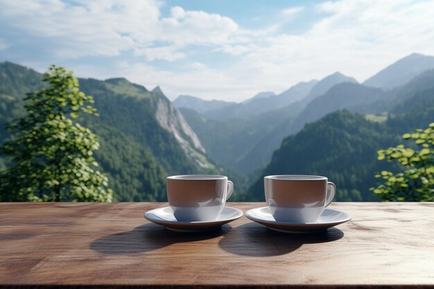 Copas de café en una mesa con una vista de las montañas en el fondo