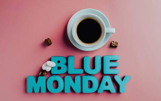 Foto copas de café negras con texto azul de lunes con fondo colorido