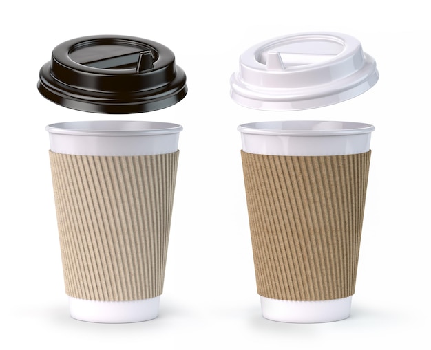 Copas de café de papel aisladas sobre un fondo blanco