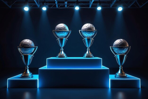 Foto copas de campeones y bolas deportivas en el podio azul flotando en el aire en una escena oscura con una pared de lámparas de neón azules verticales en el fondo