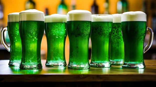 Foto copas de cerveza verde vibrante en un mostrador de un bar celebración del día de san patricio