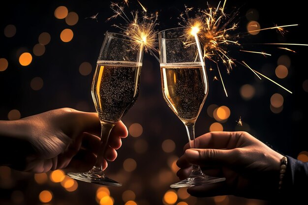 Foto copas de champán beben vino con fuegos artificiales o luces bokeh de fondo en la celebración de la noche de año nuevo