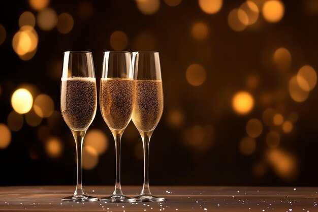 Foto copas de champán beben vino con fuegos artificiales o luces bokeh de fondo en la celebración de la noche de año nuevo