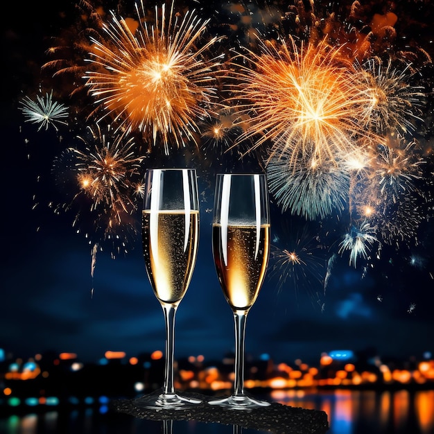 Copas de champán beben vino con fuegos artificiales o luces bokeh de fondo en la celebración de la noche de año nuevo