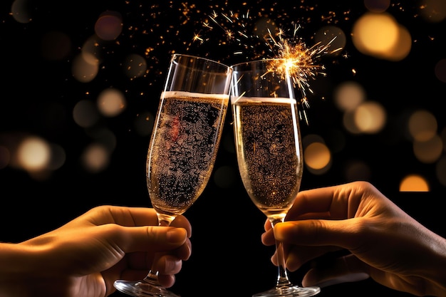 Copas de champán beben vino con fuegos artificiales o luces bokeh de fondo en la celebración de la noche de año nuevo