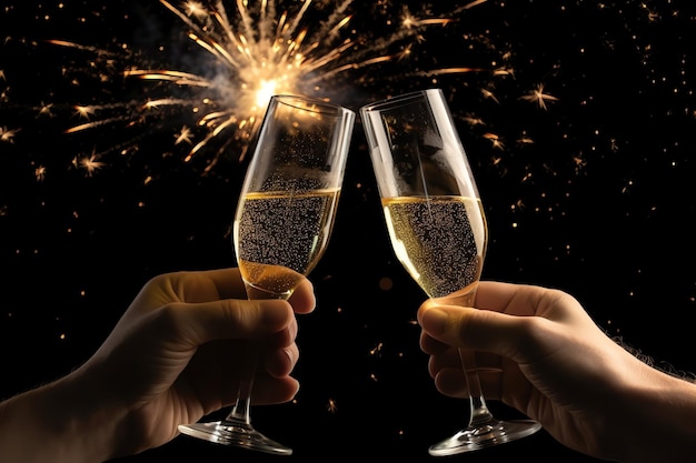 Foto copas de champán bebiendo vino con fuegos artificiales o luces bokeh en el fondo de la celebración de la noche de año nuevo