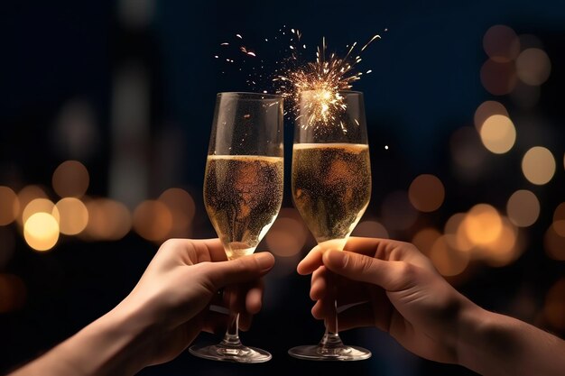 Foto copas de champán bebiendo vino con fuegos artificiales o luces bokeh en el fondo de la celebración de la noche de año nuevo