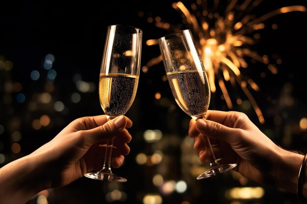 Foto copas de champán bebiendo vino con fuegos artificiales o luces bokeh en el fondo de la celebración de la noche de año nuevo