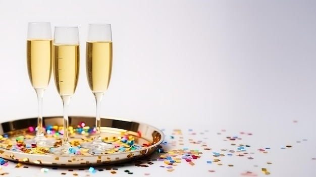 Copas de champán con confeti en una bandeja de plata sobre un fondo blanco