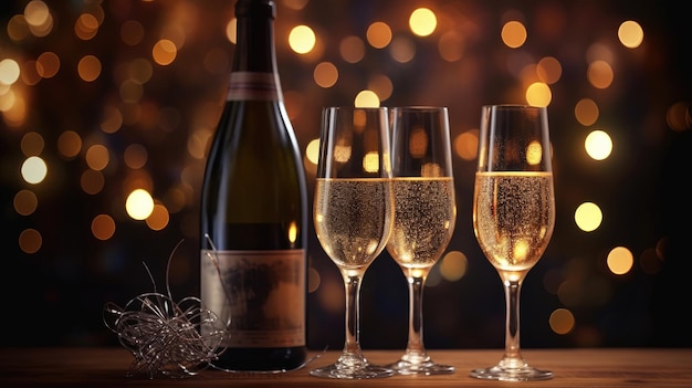 Copas de champán contra el fondo de luces bokeh Celebración de Año Nuevo IA generativa