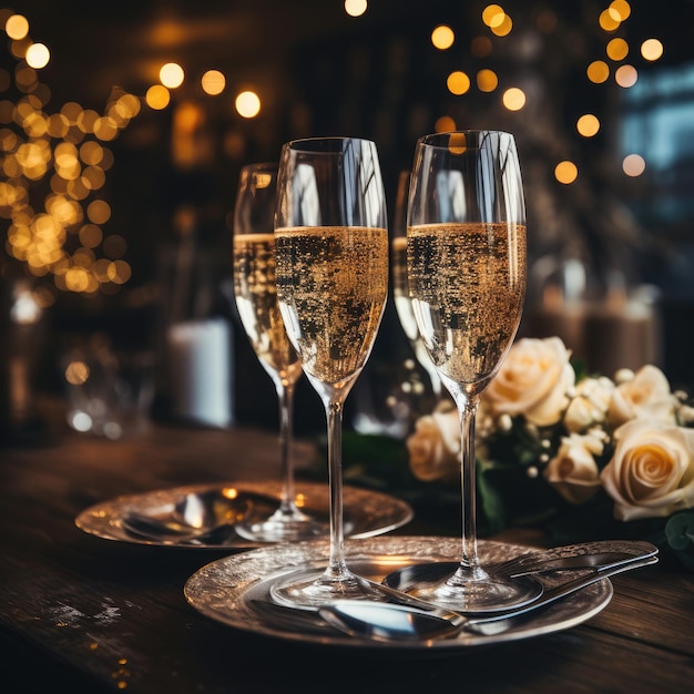Copas de champán espumosas en un ambiente festivo de Nochevieja