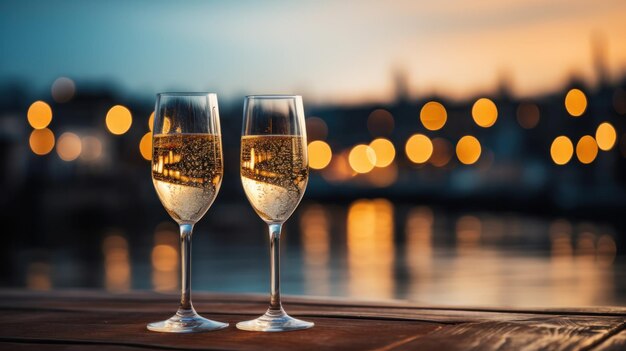Copas de champán espumosas con fuegos artificiales de Año Nuevo de fondo