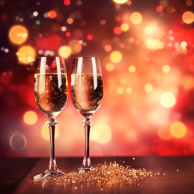 Copas de champán en fondo bokeh concepto de Año Nuevo y Navidad