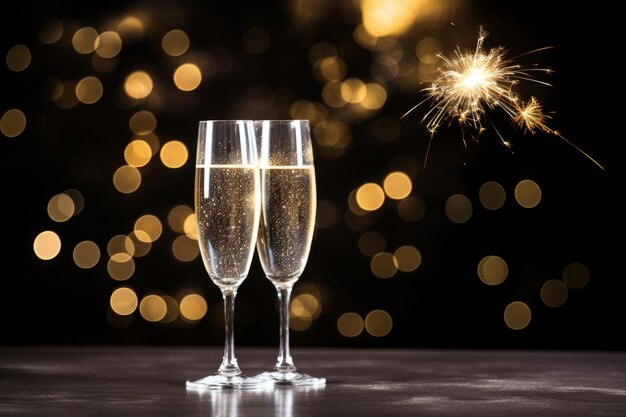 copas de champán y fuegos artificiales concepto de celebración de año nuevo