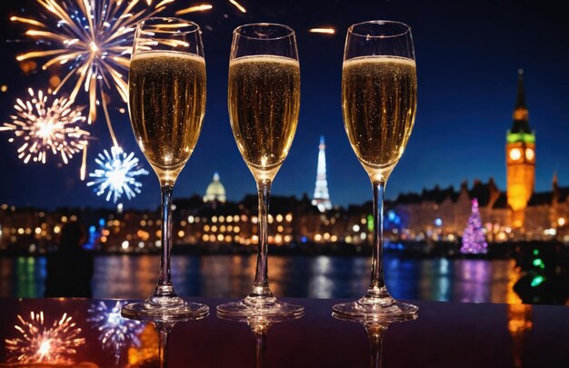 Foto copas de champán y fuegos artificiales en el fondo azulado