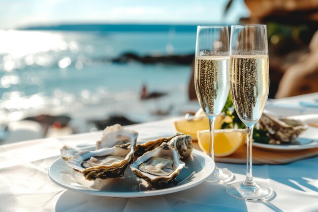 Copas de champán y ostras en una mesa con vistas a la costa IA generativa