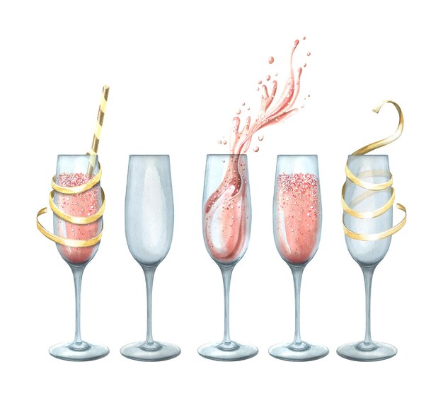 Copas con champán rosa vacías con una cinta y un tubo de cóctel Ilustración acuarela Objetos aislados de un gran conjunto de FELIZ CUMPLEAÑOS Para decoración y composición de diseño