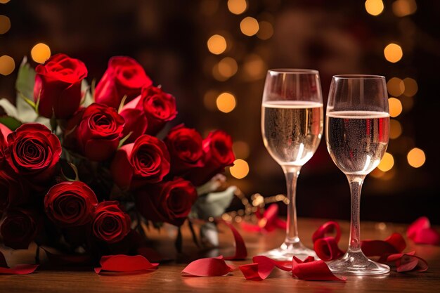 Foto copas de champán con velas encendidas y un ramo de rosas