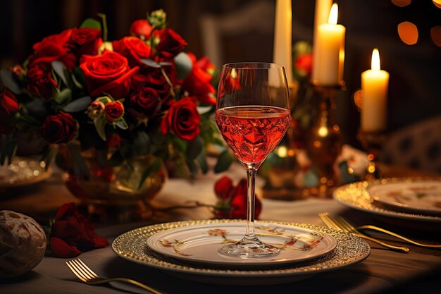 Foto copas de champán con velas encendidas y un ramo de rosas