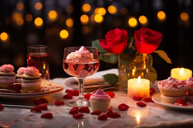 Foto copas de champán con velas encendidas y un ramo de rosas