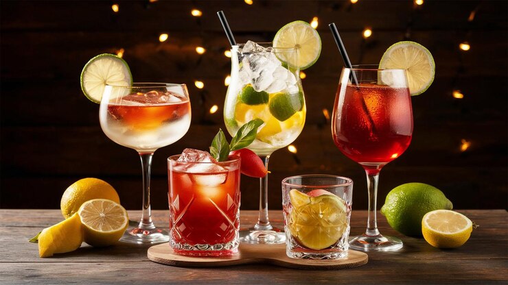 Copas de cóctel con cócteles de diferentes colores