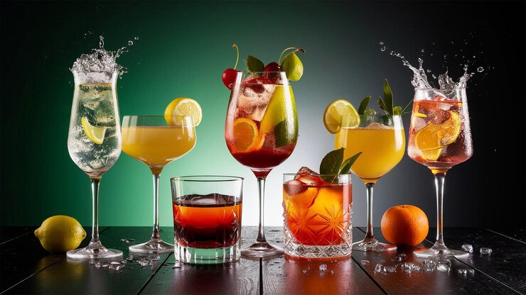 Copas de cóctel con cócteles de diferentes colores