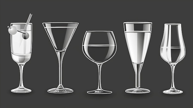 Foto copas de cóctel de diferentes formas para martinis y bebidas largas conjunto de ilustraciones modernas realistas de maquetas para bebidas de bar plantilla de taza de alcohol para fiestas