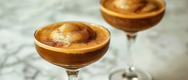 Foto copas de cóctel llenas de chocolate con un espresso martini descongelado alcohólico sobre un mármol gris configurando dos hermosos vasos y espacio ia generativa