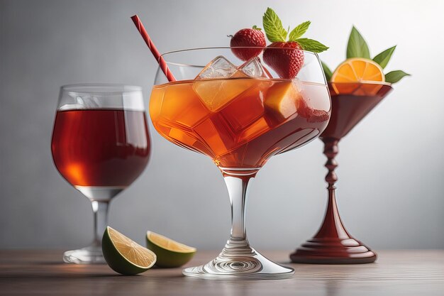 Copas con cócteles y frutas en una mesa de madera