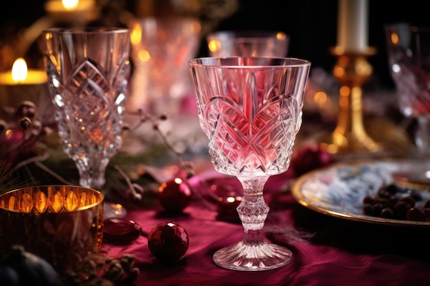 Copas de cristal adornadas con atributos de boda colocadas sobre una mesa de celebración