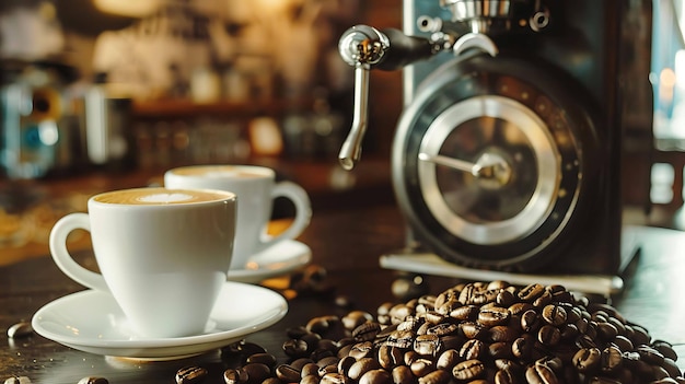 Foto copas de café com café espumoso sentadas em uma mesa espalhadas por grãos de café no fundo há uma grande máquina de café